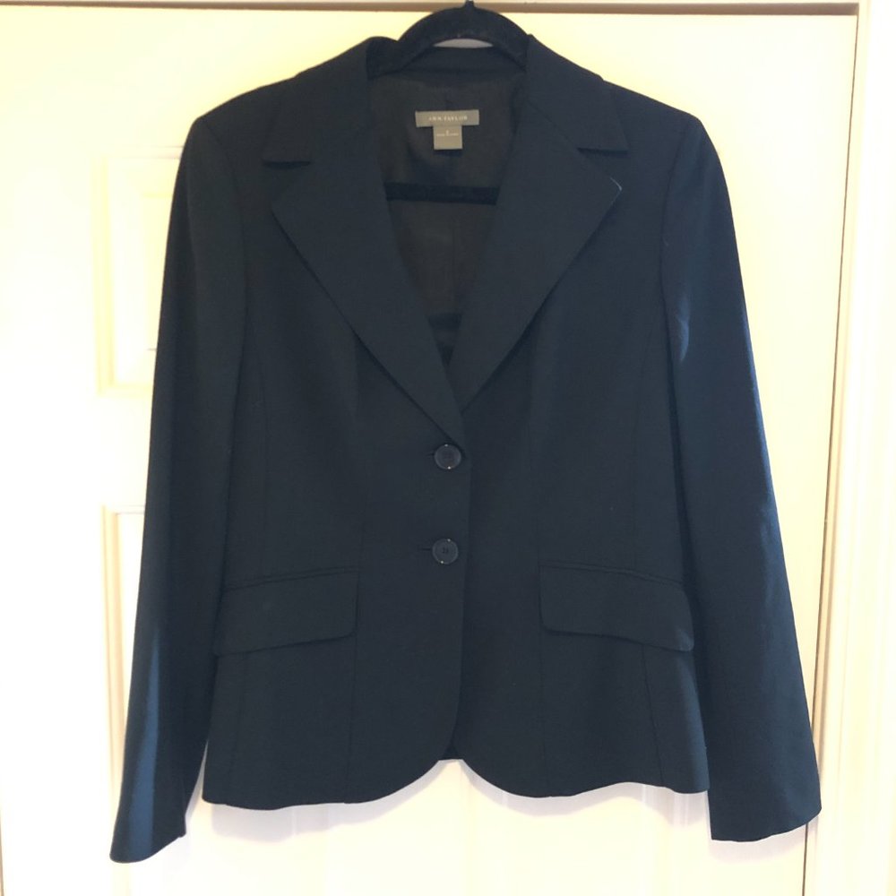 ANN TAYLOR WOMEN TAILORED WOOL BLEND BLAZER TWO BUTTON JACKET BLACK SIZE 8 L